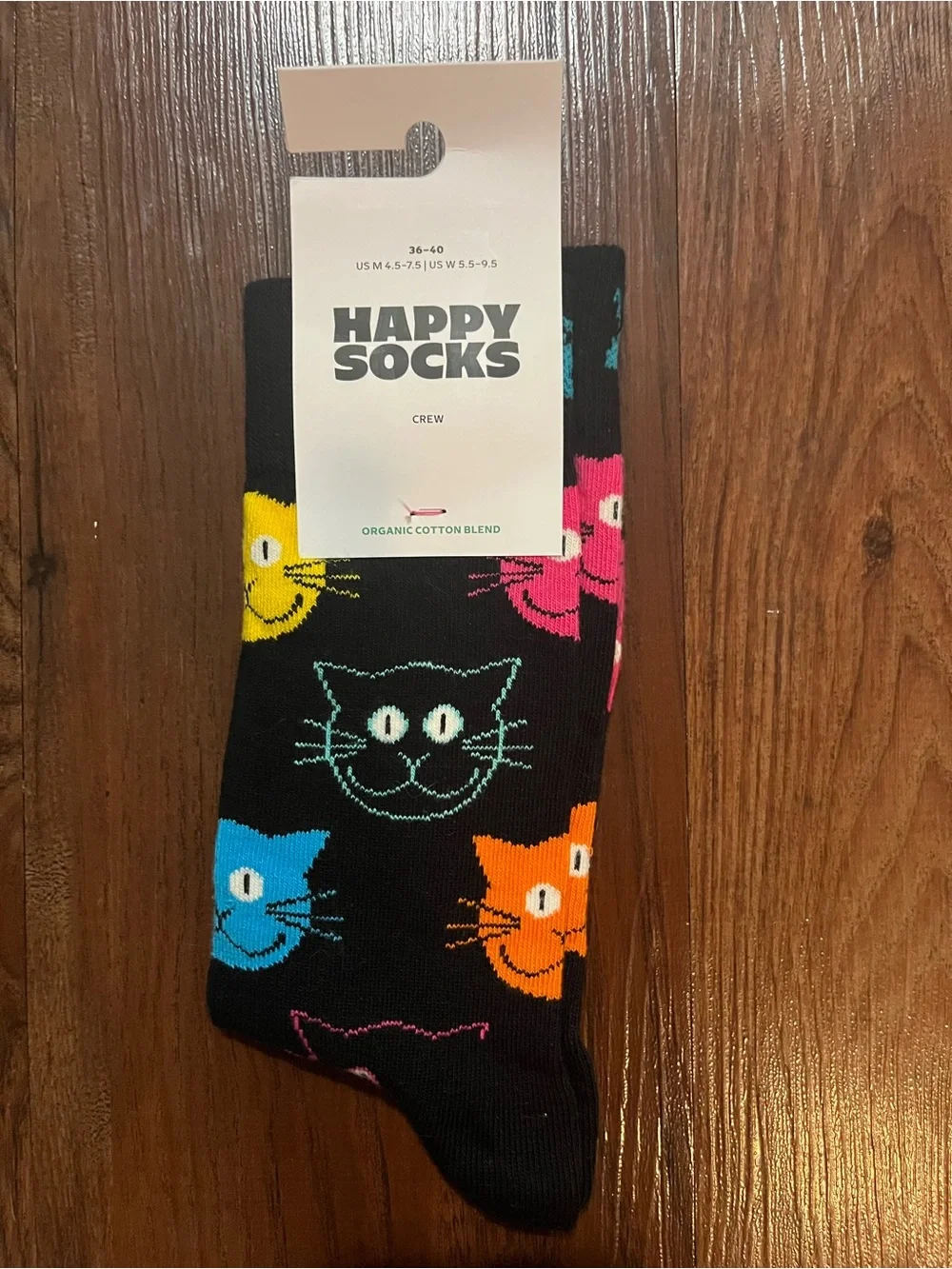 Happy Socks Black Crew Socks with Multicolor Cat Faces Women’s Shoe Size 5.5-7.5